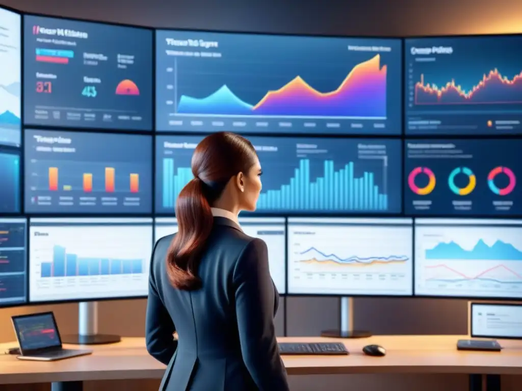 Interfaz ERP moderna y detallada: gráficos financieros en múltiples pantallas Interfaz ERP adecuado para industria en múltiples pantallas con gráficos financieros detallados y diseño moderno