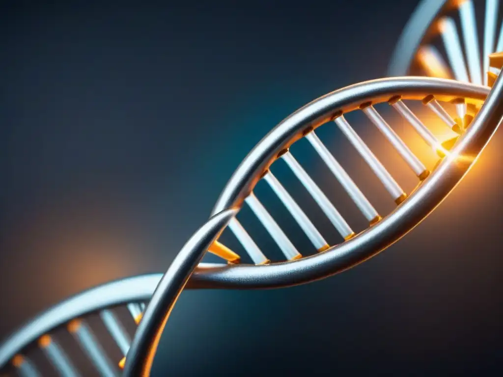Un ADN doble helicoidal brillante en plata, con detalle meticuloso de nucleótidos y un fondo oscuro
