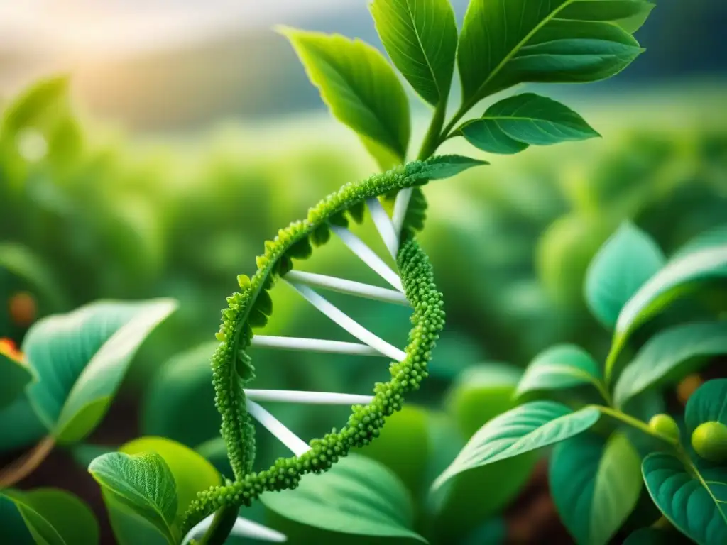 Un ADN doble helix entrelazado con viñas verdes, fusionando ingeniería genética en agricultura sostenible