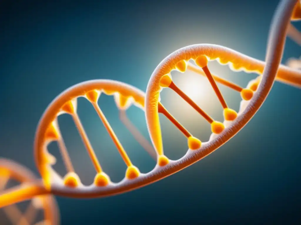 Un ADN magnificado en detalle, con un esquema monocromático y destellos sutiles, ideal para 'Inversión en biotecnología historias éxito'