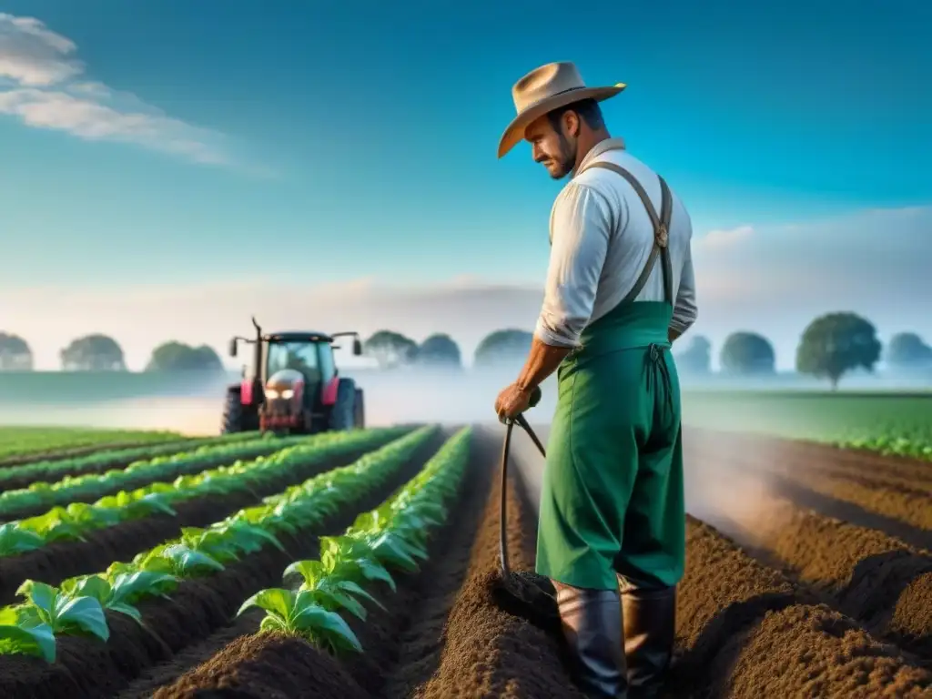 Un agricultor aplica compost en un campo verde vibrante, ilustrando el reciclaje de nutrientes en la agricultura sostenible