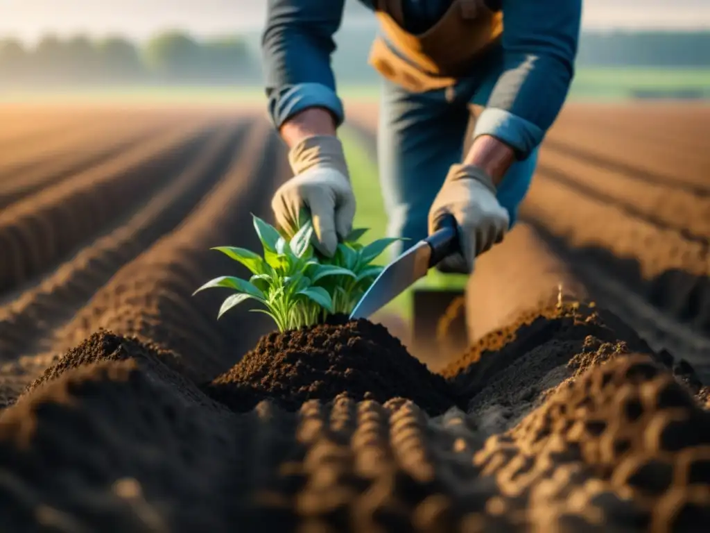 Un agricultor cuidadoso labra el suelo en armonía con la naturaleza