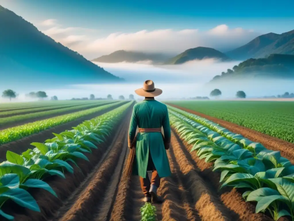 Un agricultor plantando cultivos en un campo verde bajo un cielo azul