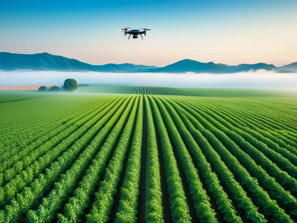 Agricultura sostenible con inteligencia artificial: drone sobre campo verde y cielo azul