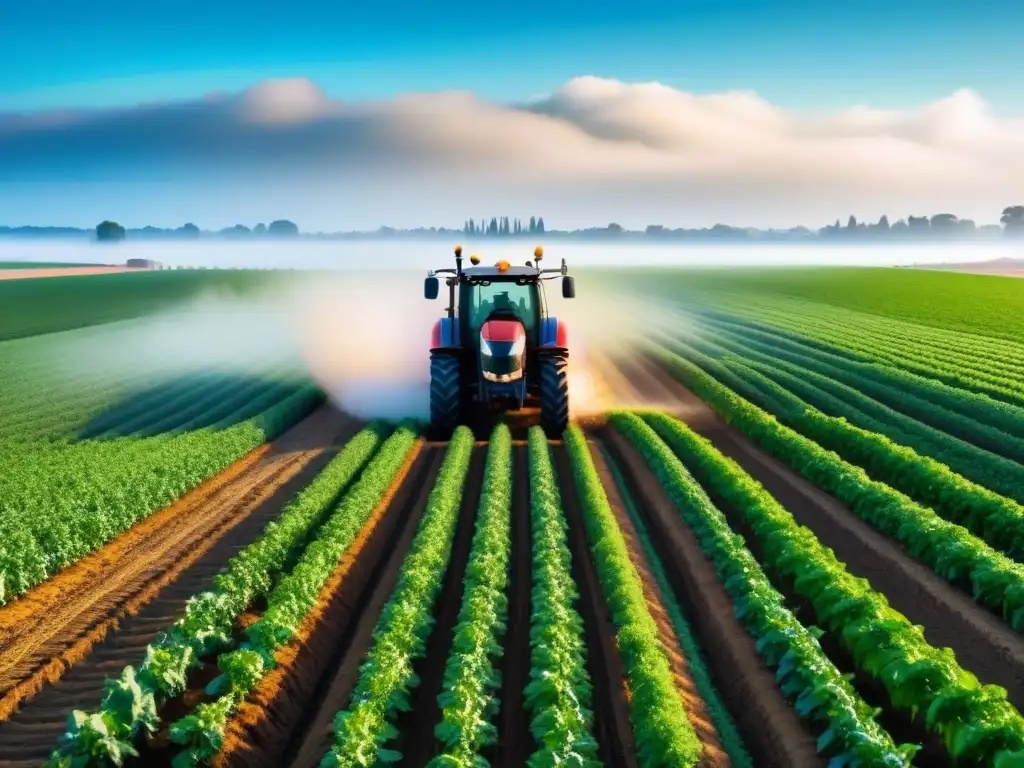 Agricultura de precisión sustentable: campo tecnológico con cultivos alineados y maquinaria avanzada bajo cielo azul