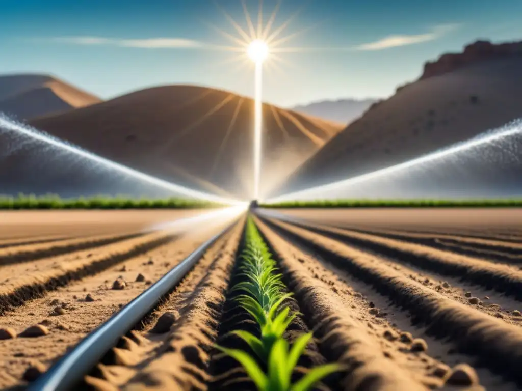 Automatización en agricultura zonas áridas: sistema de riego de alta tecnología en pleno funcionamiento en un paisaje desértico