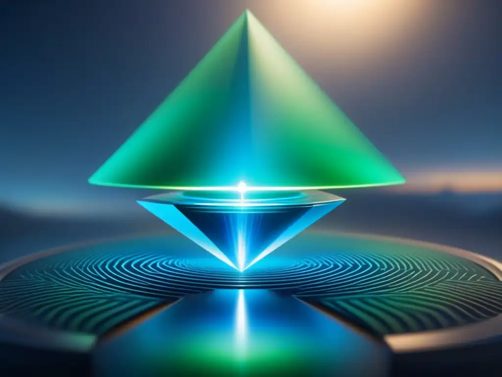 Un algoritmo de encriptación cuántica en una interfaz holográfica futurista, con patrones brillantes en azul y verde