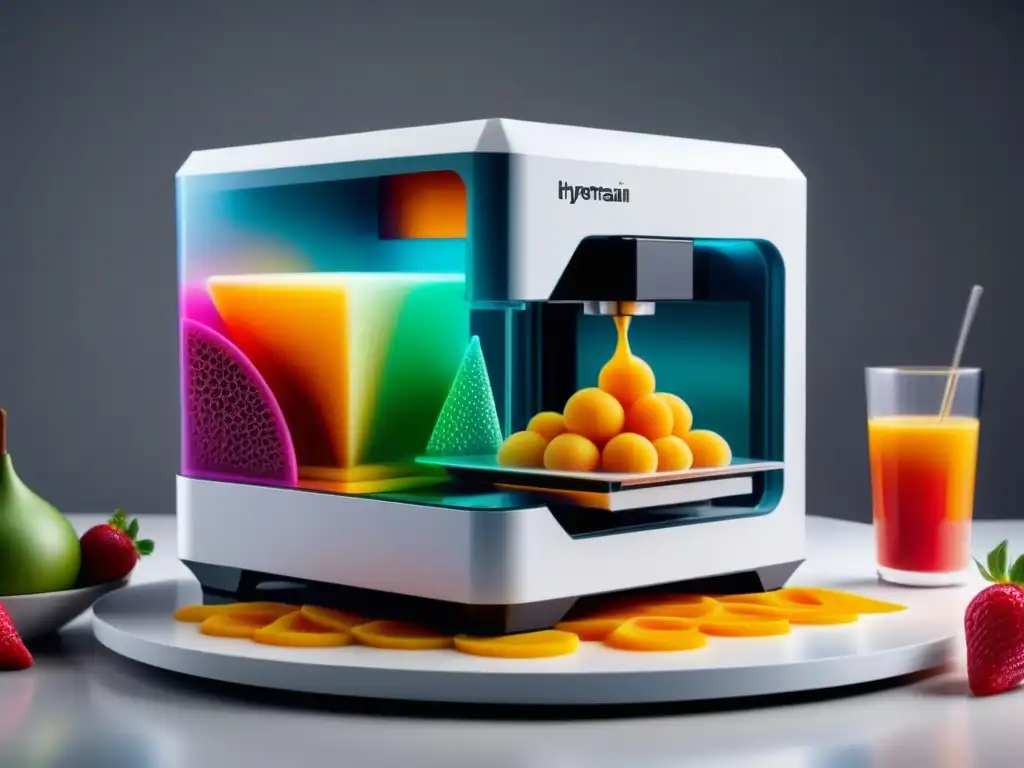 Una innovación impresión 3D alimentaria: máquina moderna creando postre colorido y texturizado