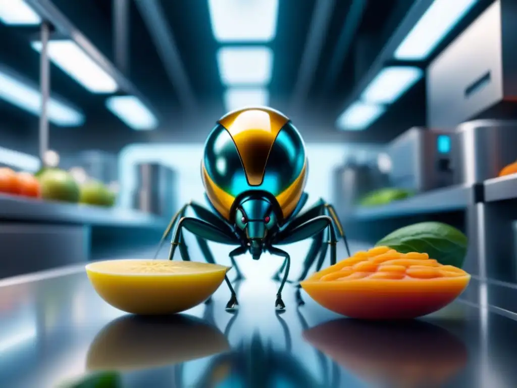 Nanobot escaneando alimento en laboratorio futurista