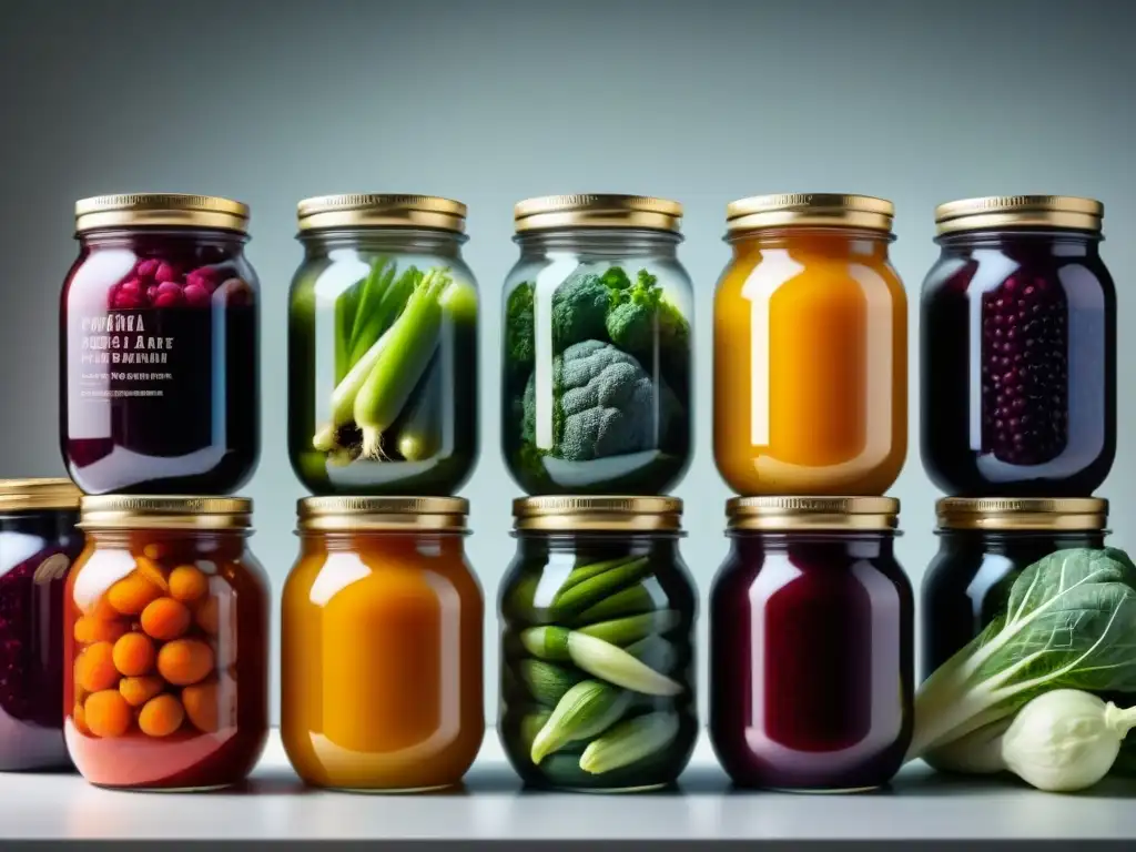 Alimentos fermentados beneficios tecnologías emergentes: Tarros de vegetales fermentados coloridos en proceso