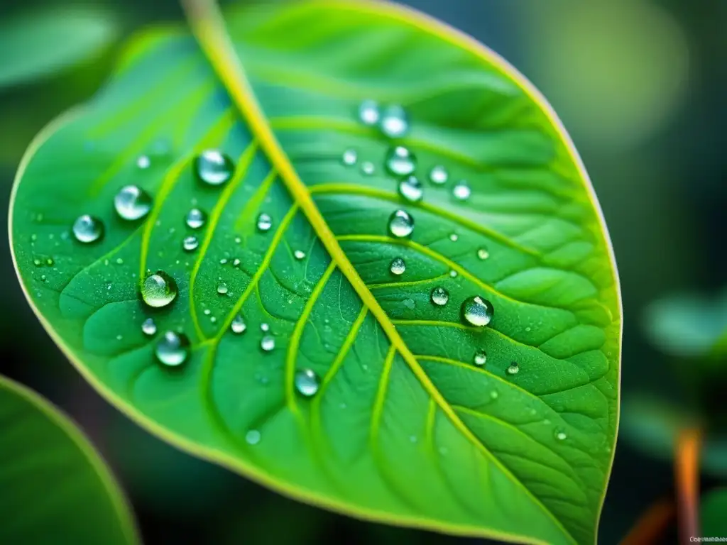 Innovación en alimentos funcionales sostenibles: Detalle asombroso de una hoja verde vibrante con gotas de agua bajo luz natural suave