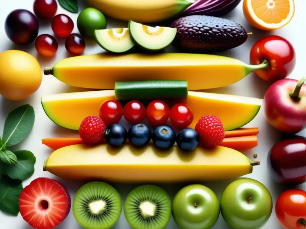 Alimentos funcionales para una vida saludable: composición artística de frutas y verduras coloridas y frescas en plato blanco