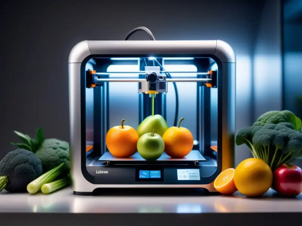 Impresión 3D de alimentos sostenible: Futurista impresora creando frutas y verduras detalladas capa a capa, rodeada de luz suave