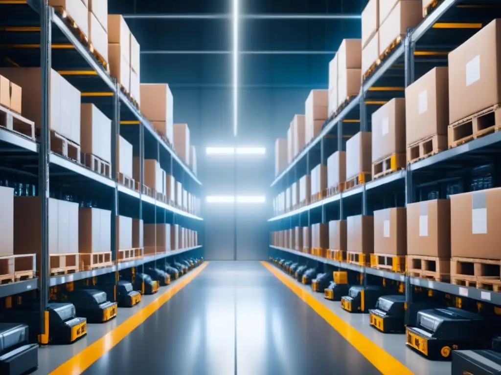 Almacén automatizado del futuro: robots eficientes en acción Un almacén automatizado de alta tecnología con robots clasificando y empaquetando productos
