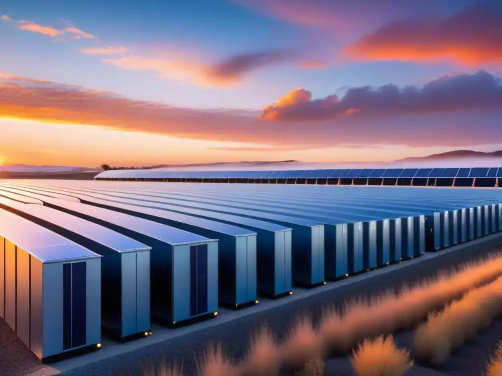 Un almacén de energía solar futurista con baterías avanzadas, en un atardecer vibrante