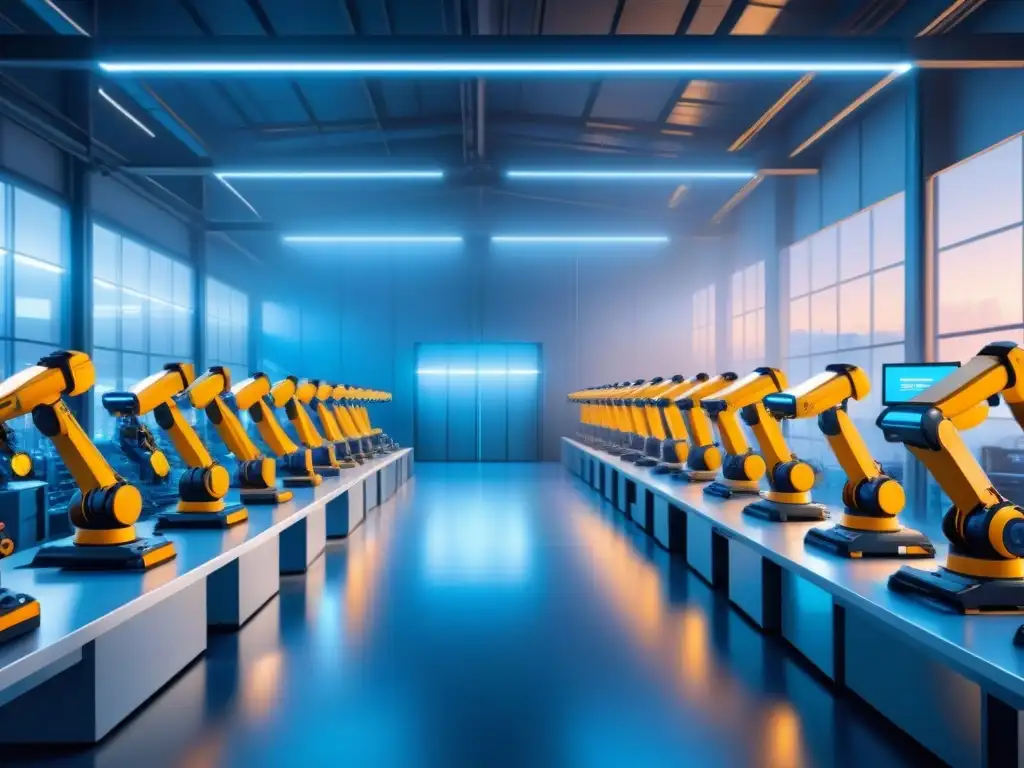 Almacén futurista: Robótica avanzada ordenando productos Un almacén futurista con brazos robóticos clasificando pedidos, mostrando eficiencia y tecnología