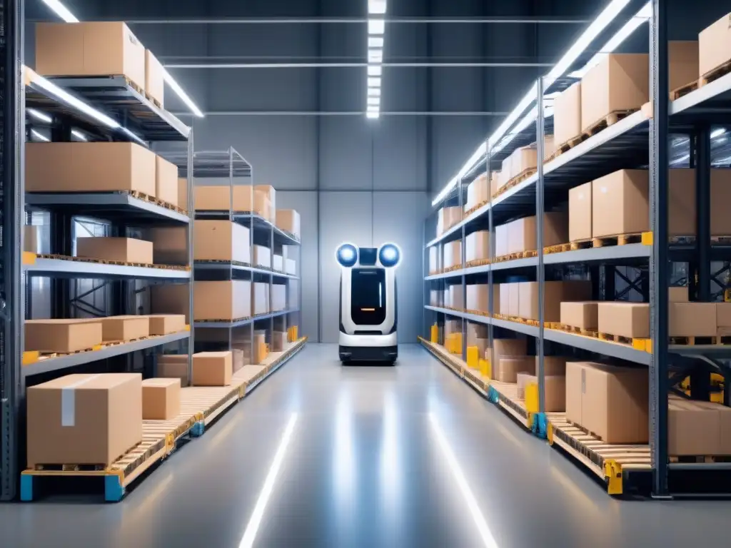 Un almacén futurista con innovaciones emergentes en automatización logística: robots moviendo cajas en ambiente moderno y ordenado