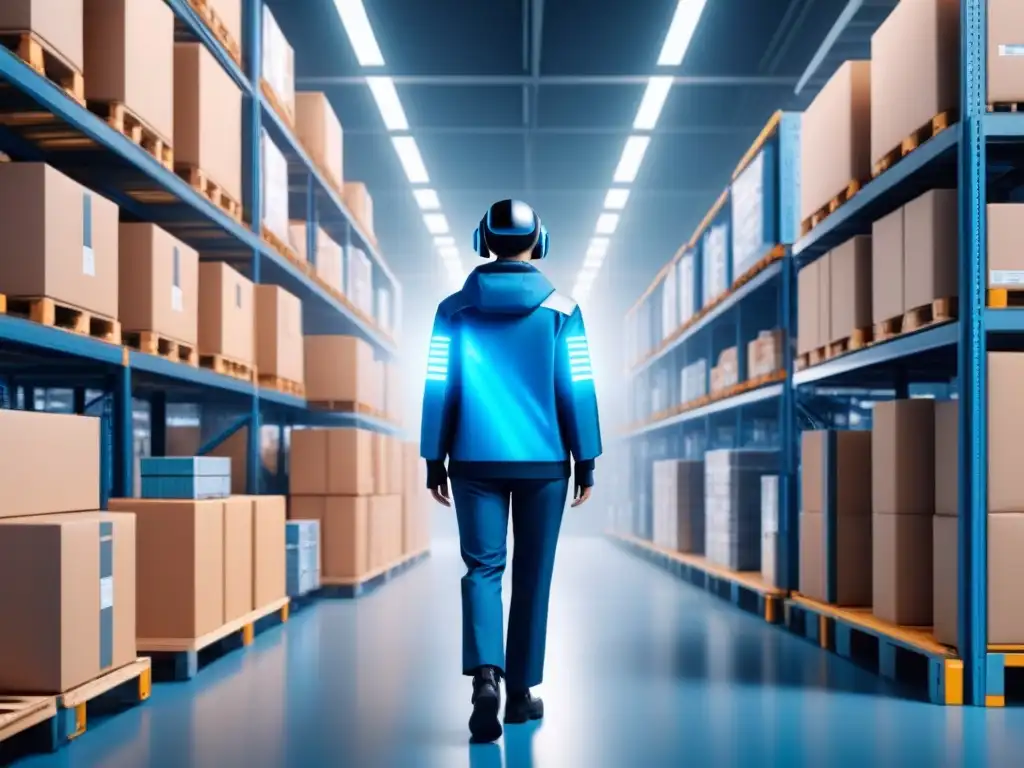 Integración de IA en almacén: gestión futurista de inventario Un almacén futurista con integración de inteligencia artificial en gestión de inventarios