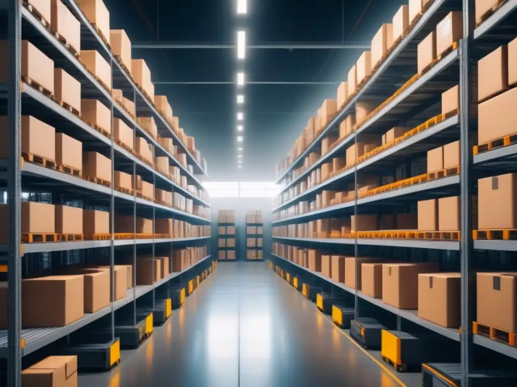 Almacén futurista: eficiencia y tecnología avanzada Un almacén futurista con inteligencia artificial en gestión de inventarios, orden y eficiencia