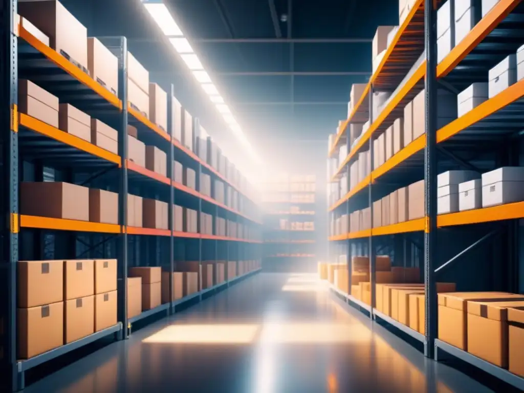 Almacén futurista: inventario organizado con precisión Un almacén futurista con inventario organizado y etiquetas de IA, iluminación precisa y eficiente