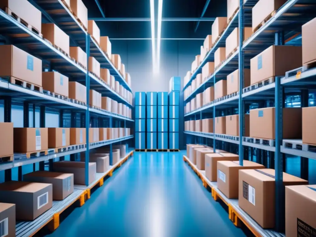 Almacén futurista: Robótica y eficiencia en la logística Un almacén futurista con logística global y robots inteligentes organizando cajas, bajo luz azul