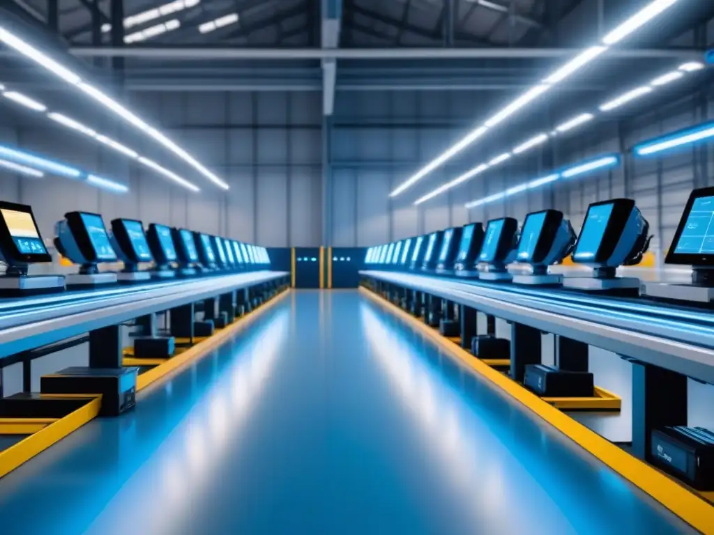 Almacén futurista con robots y tecnología de última generación Un almacén futurista y minimalista con brazos robóticos cumpliendo pedidos, cintas transportadoras y pantallas digitales