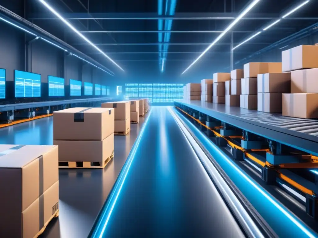 Un almacén futurista y minimalista con brazos robóticos automatizados moviendo cajas en cintas transportadoras, iluminado por una luz azul suave