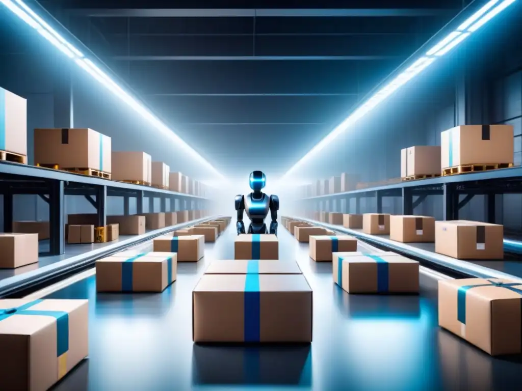 Almacén del futuro: robots autónomos organizando paquetes con precisión Un almacén futurista con robots automatizados moviendo paquetes bajo una suave iluminación ambiental, tecnología automatización almacenes pedidos