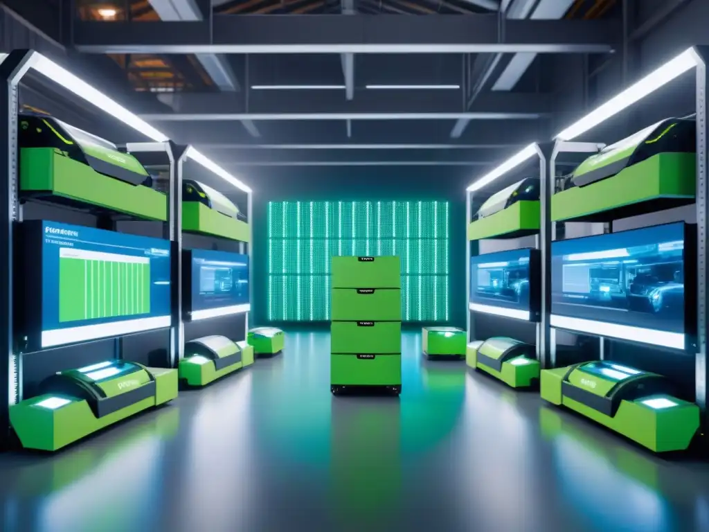 Almacén futurista: robots autónomos en acción Un almacén futurista con robots autónomos moviendo cajas, guiados por IA en logística global