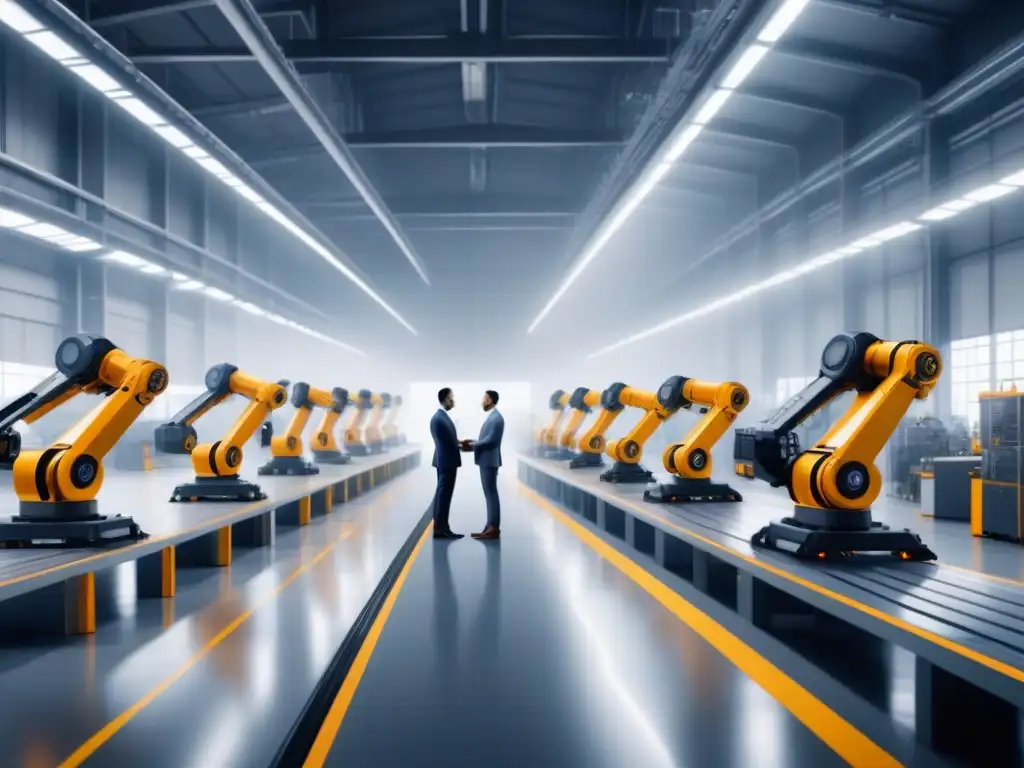 En un almacén futurista, robots y trabajadores humanos colaboran en procesos industriales sin errores