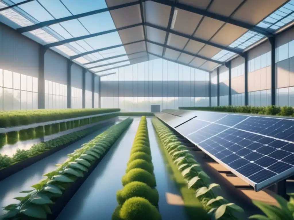 Un almacén futurista y sostenible con energías renovables, rodeado de vegetación, muestra innovación en logística automatizada