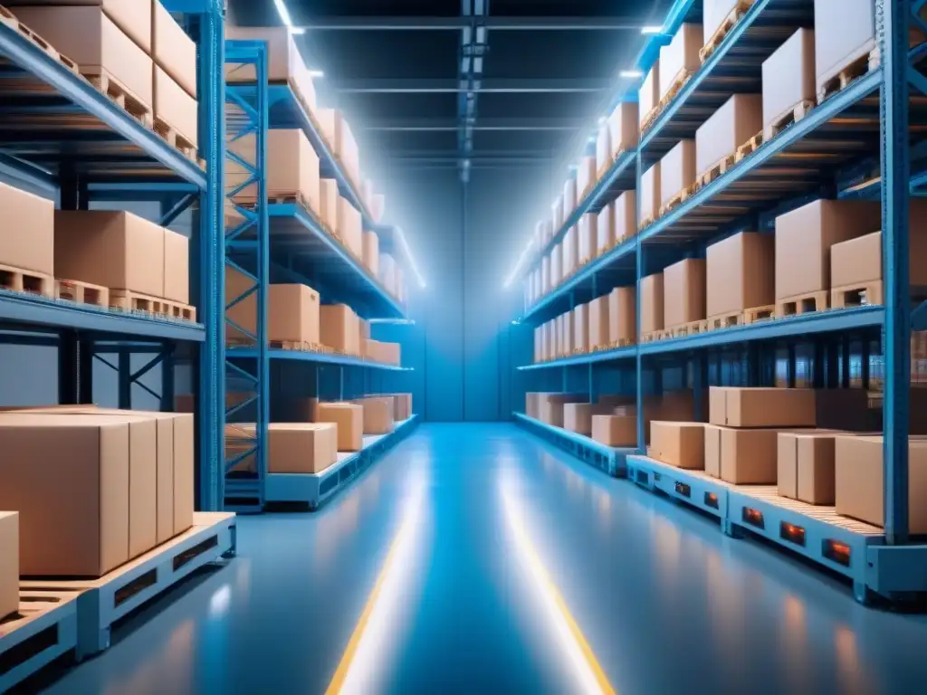 Almacén futurista: robots agilizan pedidos en 8k Un almacén futurista con tecnología automatización almacenes pedidos: brazos robóticos transportan paquetes en una atmósfera azul de alta precisión