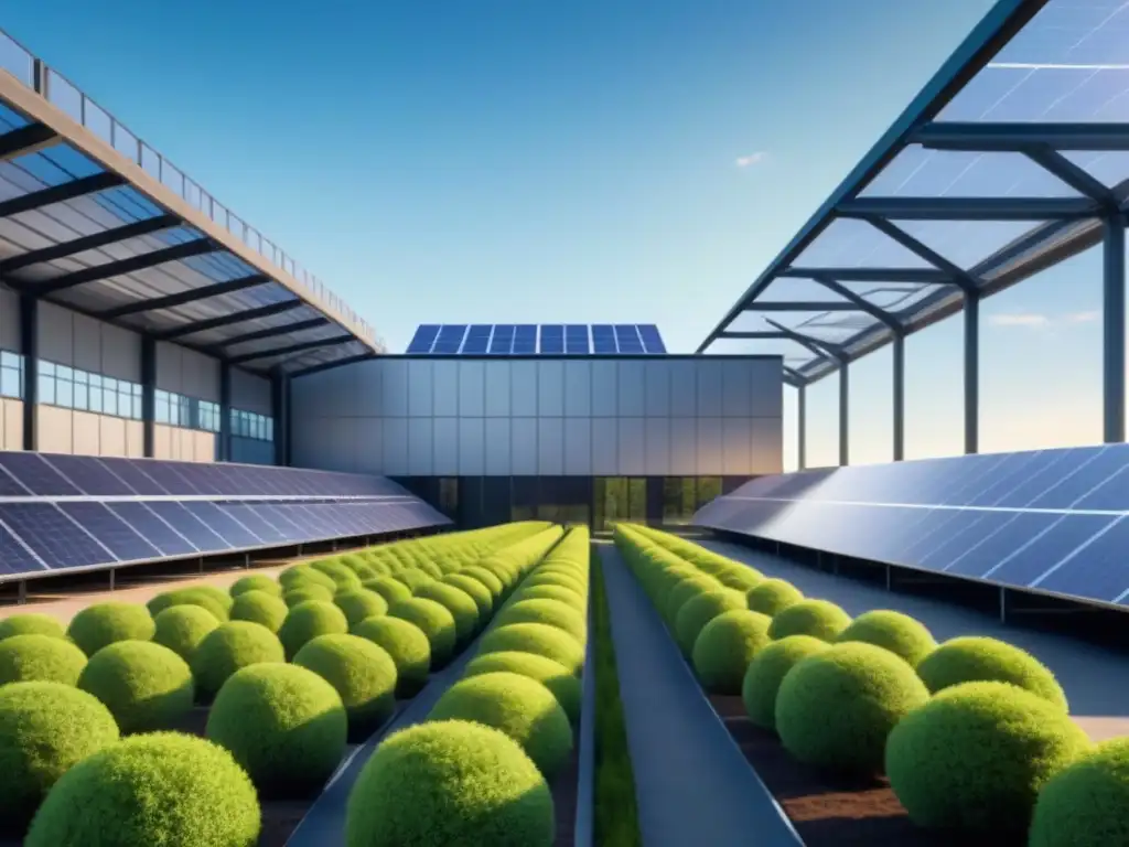 Un almacén moderno y ecológico con paneles solares, árboles verdes y cielo azul