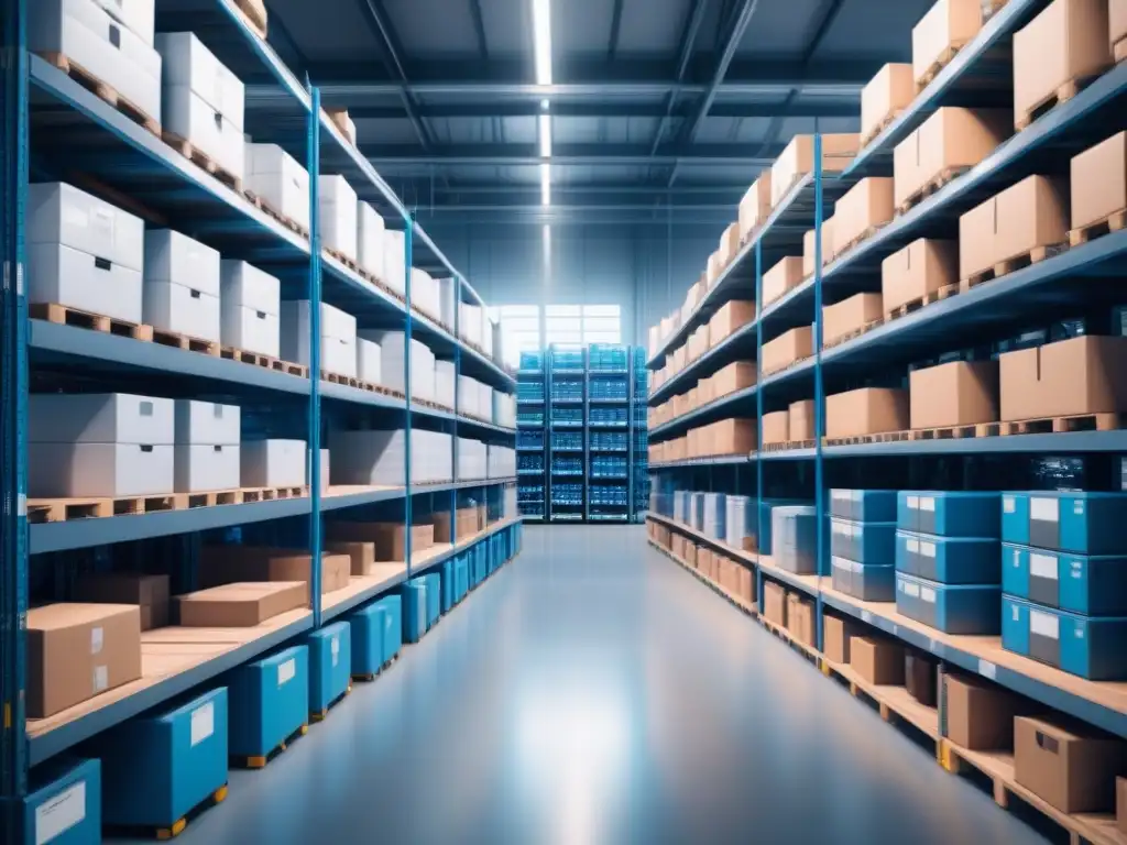 Almacén del futuro: inventario automatizado con IA Un almacén moderno con IA gestiona inventarios en estantes ordenados digitalmente