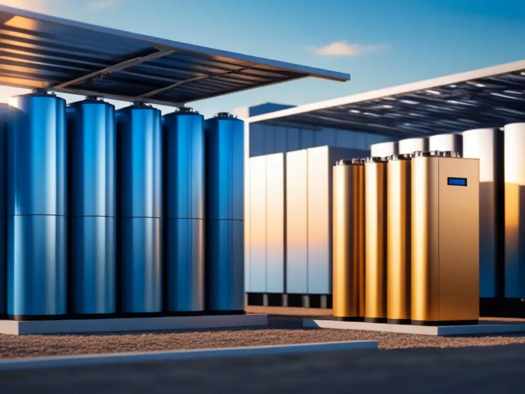 Almacenamiento energía gran escala renovables: Modernas baterías en campo vasto, bajo cielo azul brillante y sol dorado