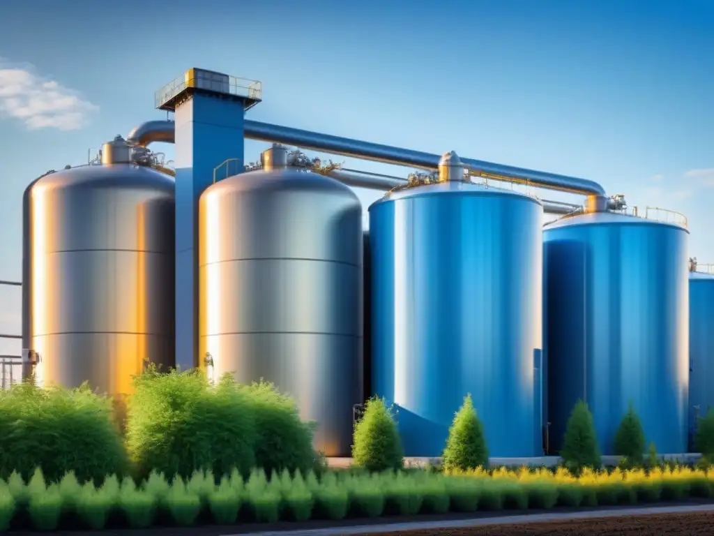 Almacenamiento de energía térmica en industria innovadora: estructuras metálicas y vegetación bajo el sol brillante