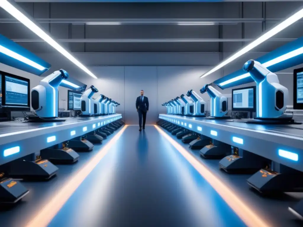 Fábrica de alta tecnología: integración perfecta de robótica y humanos Instalación de fabricación de alta tecnología con brazos robóticos y trabajadores humanos, iluminada con luces LED azules y blancas