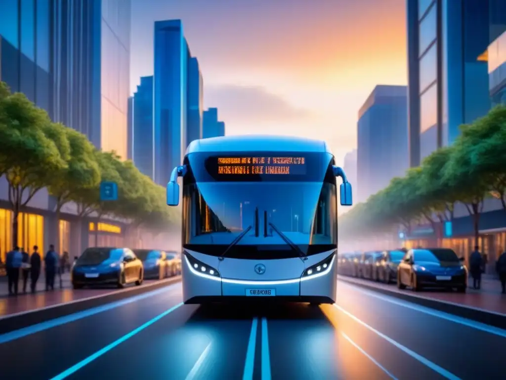 Transporte público eléctrico en ciudad futurista al amanecer Un amanecer futurista en la ciudad con autobuses eléctricos, edificios modernos y vegetación