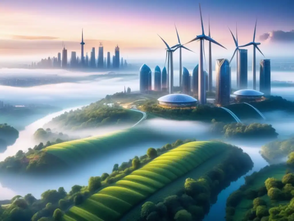 Un amanecer futurista en una ciudad con microredes, energías renovables y un diseño ecoamigable