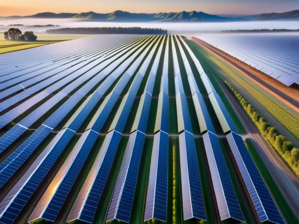 Un amanecer impresionante en una granja solar, con paneles relucientes bajo un cielo azul