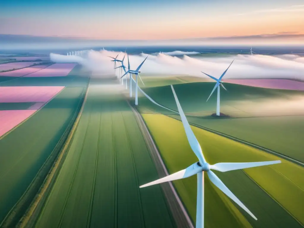 Un amanecer sereno en el campo con molinos de viento blancos girando, beneficios energía eólica economías locales