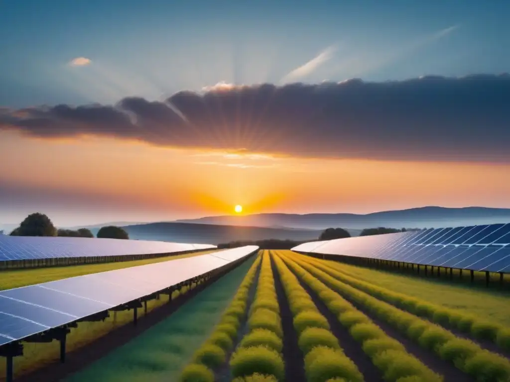 Un amanecer sereno sobre un campo de paneles solares, reflejando el impacto económico de las energías limpias