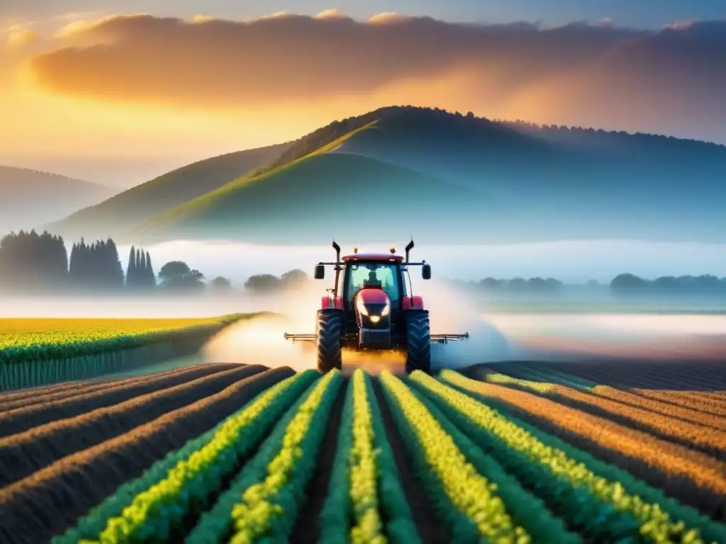 Un amanecer sereno en una extensa granja familiar, con cultivos ordenados y un tractor autónomo en un fondo minimalista