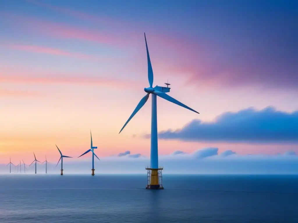 Un amanecer sereno en el vasto océano, con un molino de viento solitario ante el cielo pastel