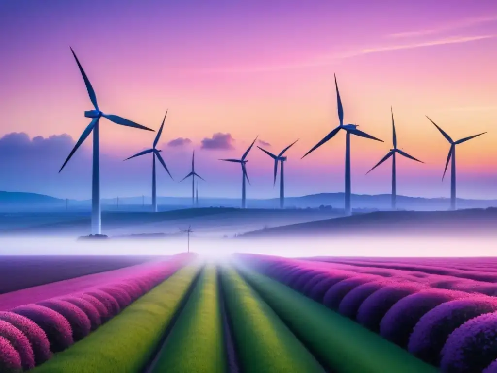 Un amanecer vibrante sobre un campo de turbinas eólicas, simbolizando el desarrollo sostenible de energías renovables