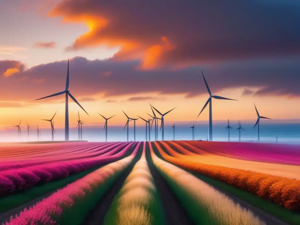 Un amanecer vibrante ilumina un moderno parque eólico con turbinas majestuosas girando en el viento