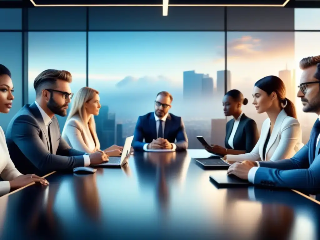 Un ambiente colaborativo y estratégico: profesionales de diversas industrias en una mesa de conferencias moderna, conectados en red