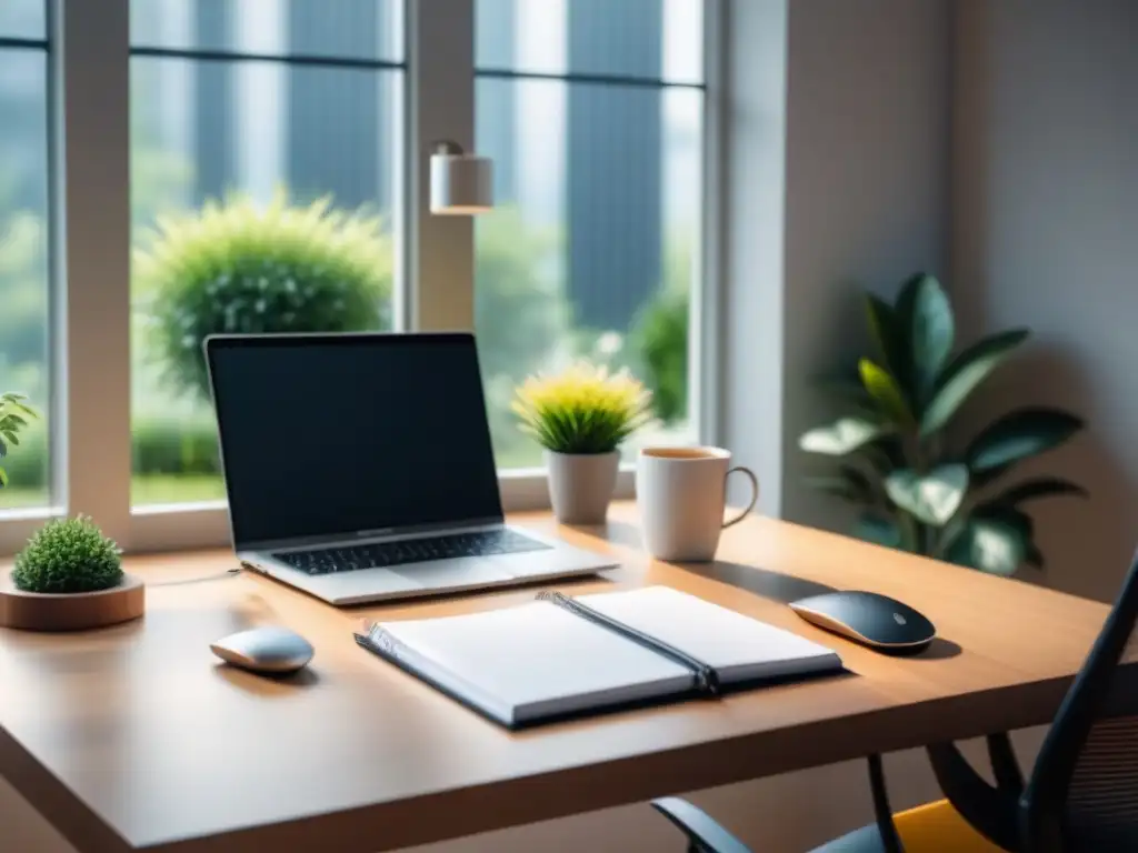 Oficina minimalista para trabajar con eficiencia y bienestar Un ambiente laboral ergonómico y productivo con luz natural y un jardín sereno, resaltando la importancia de la ergonomía laboral