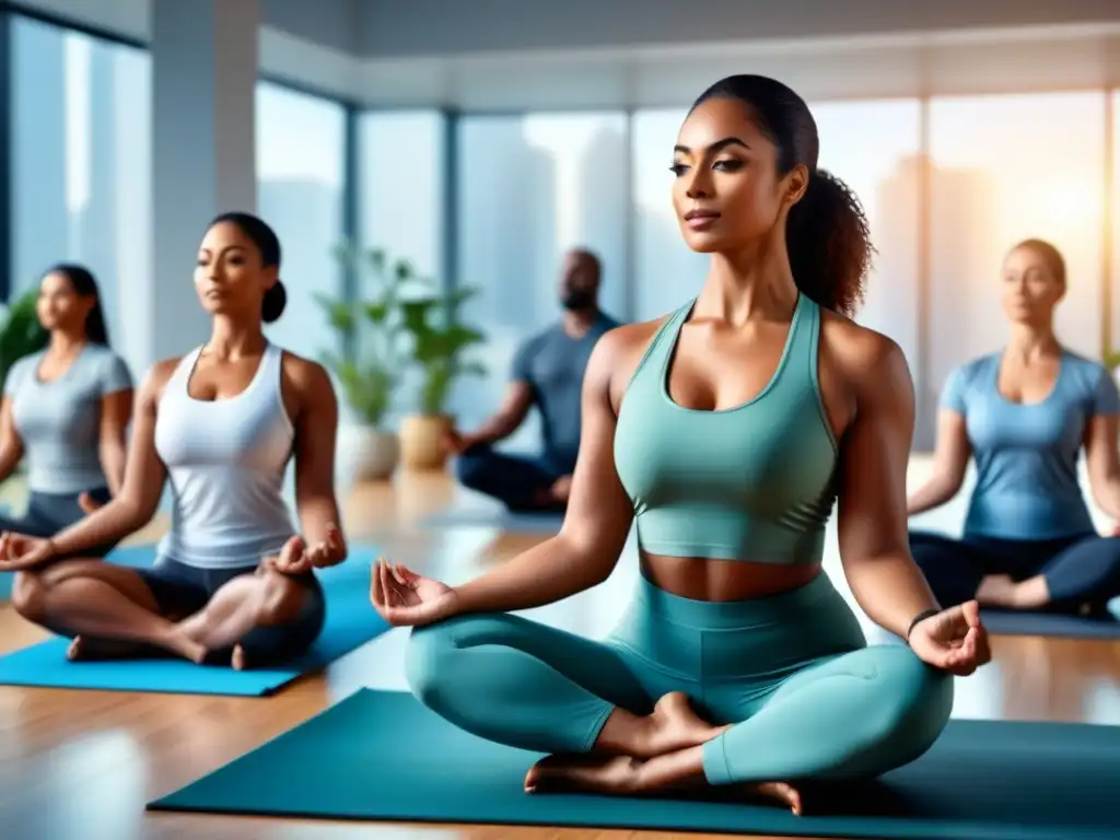 Un ambiente laboral inclusivo y sereno donde los empleados participan en actividades de bienestar como yoga y meditación