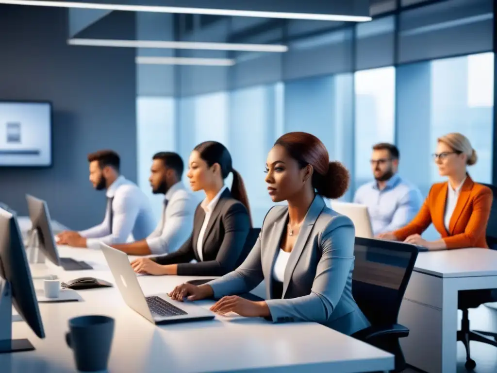 Un ambiente laboral moderno y profesional, destacando la importancia de la evaluación ergonómica en el trabajo